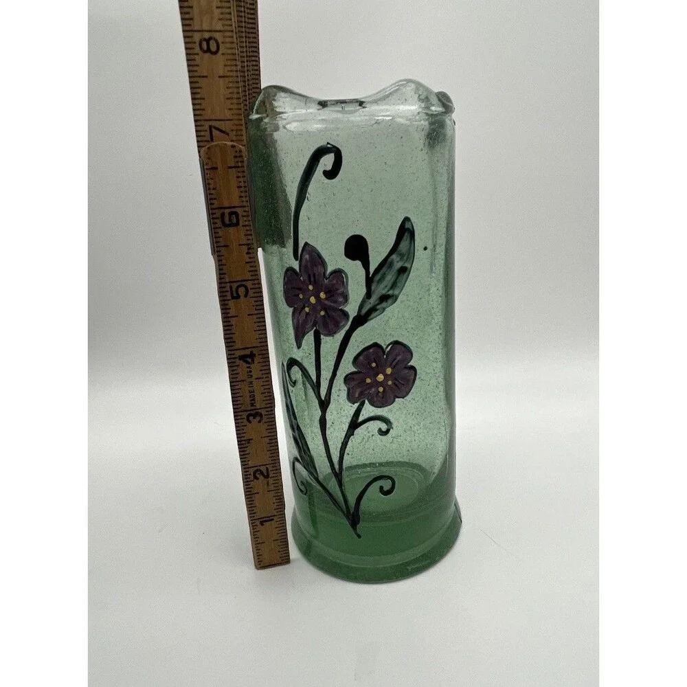 Vintage Recycled Green Glass Vase with Purple Floral Design, very heavy
